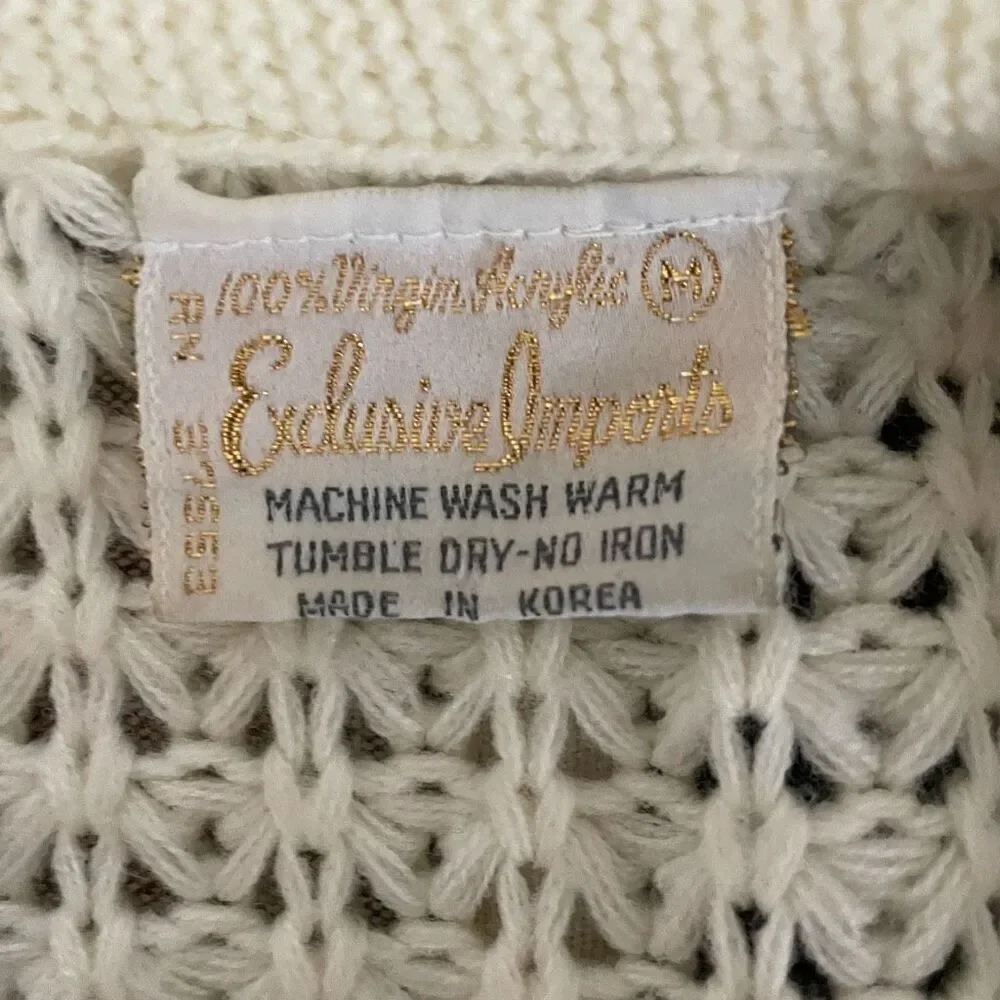 Vintage 80s Exclusive Imports Cropped Cardigan Sweater Fisherman Knit Ivory S M - Picture 6 of 7